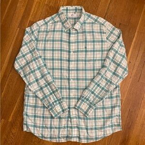 Southern Tide Shirt Men’s XL Teal Green and Cream Plaid Tensil and Hemp Blend